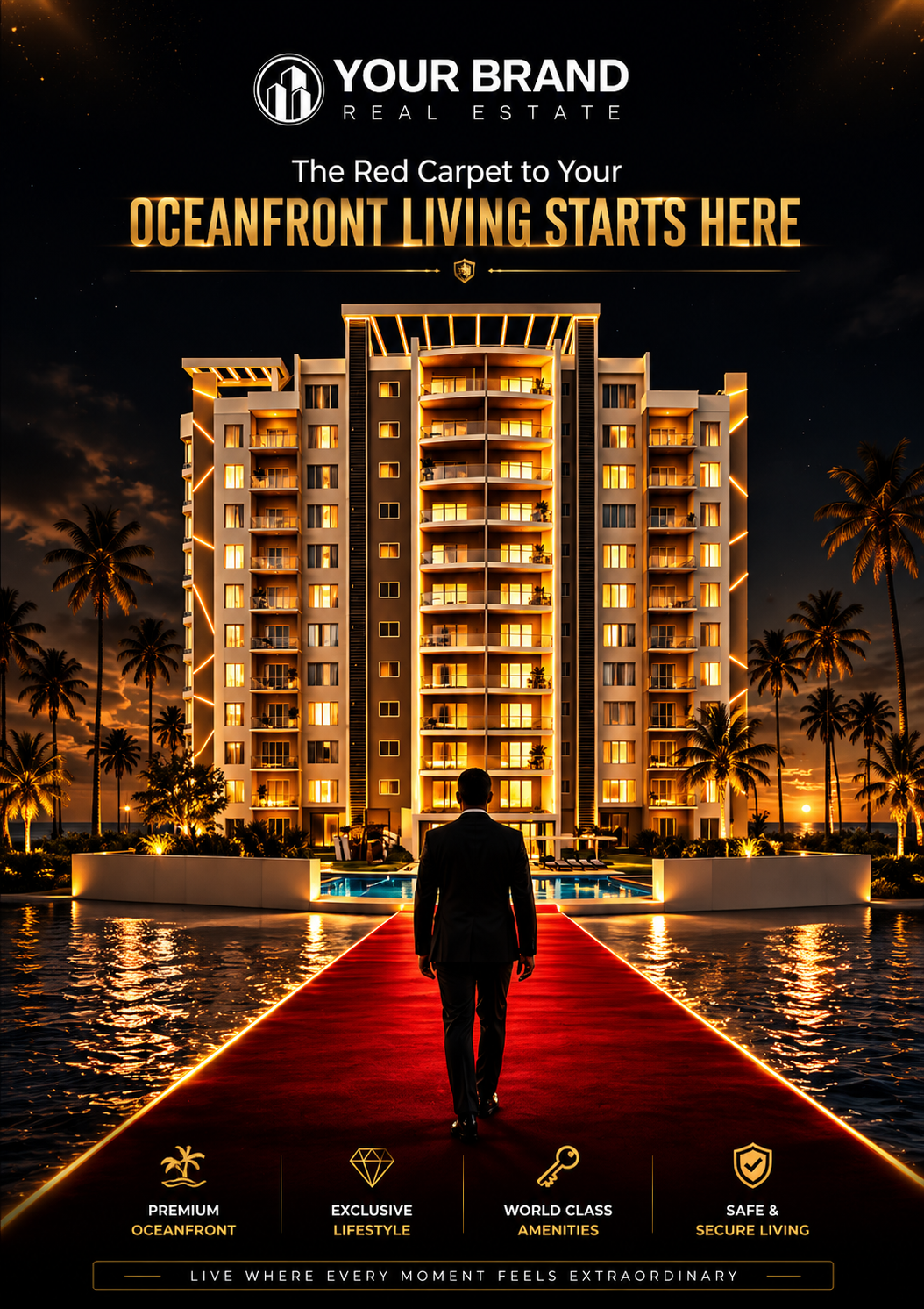 Oceanfront living promotional creative with red carpet concept
