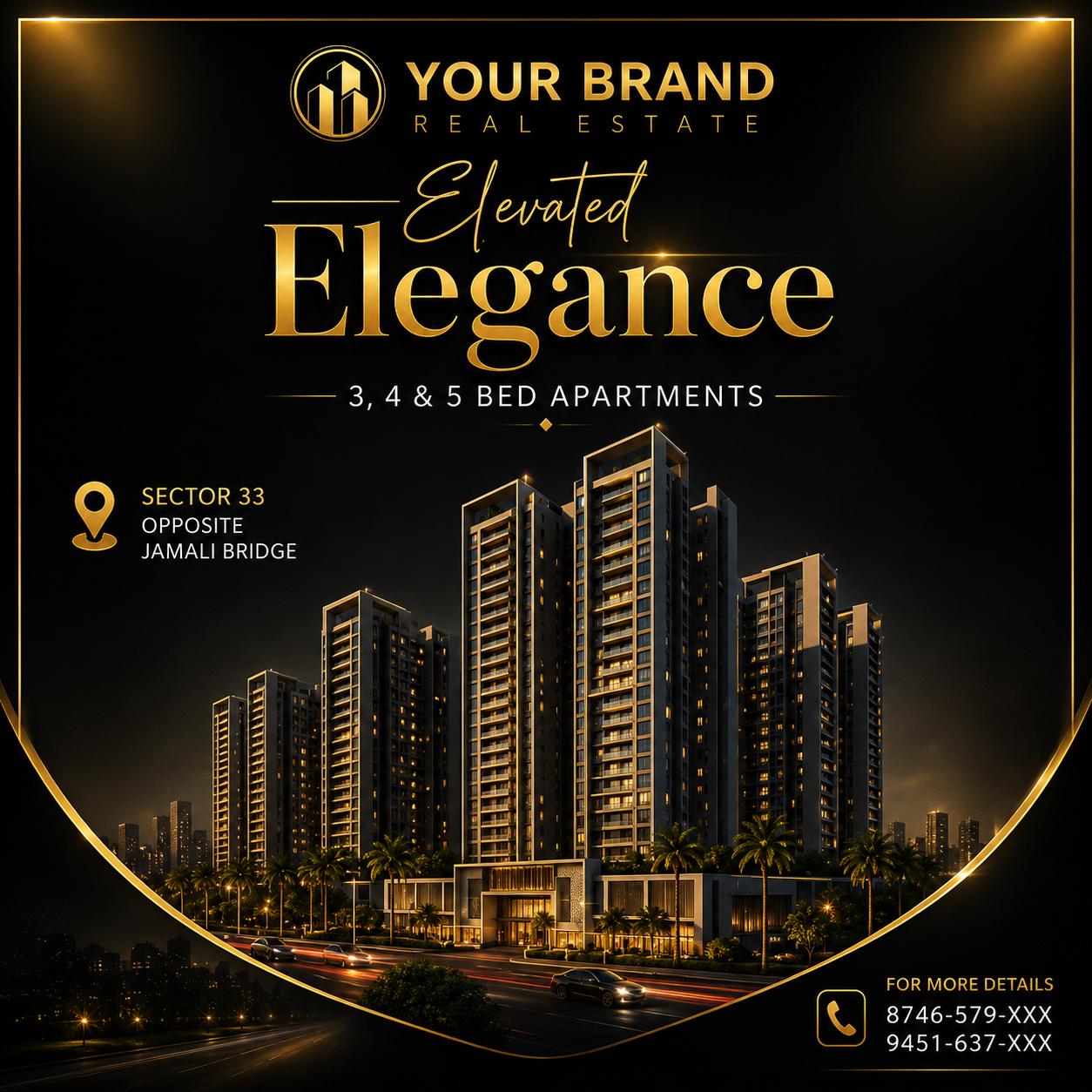 Luxury apartment creative with gold-accent branding
